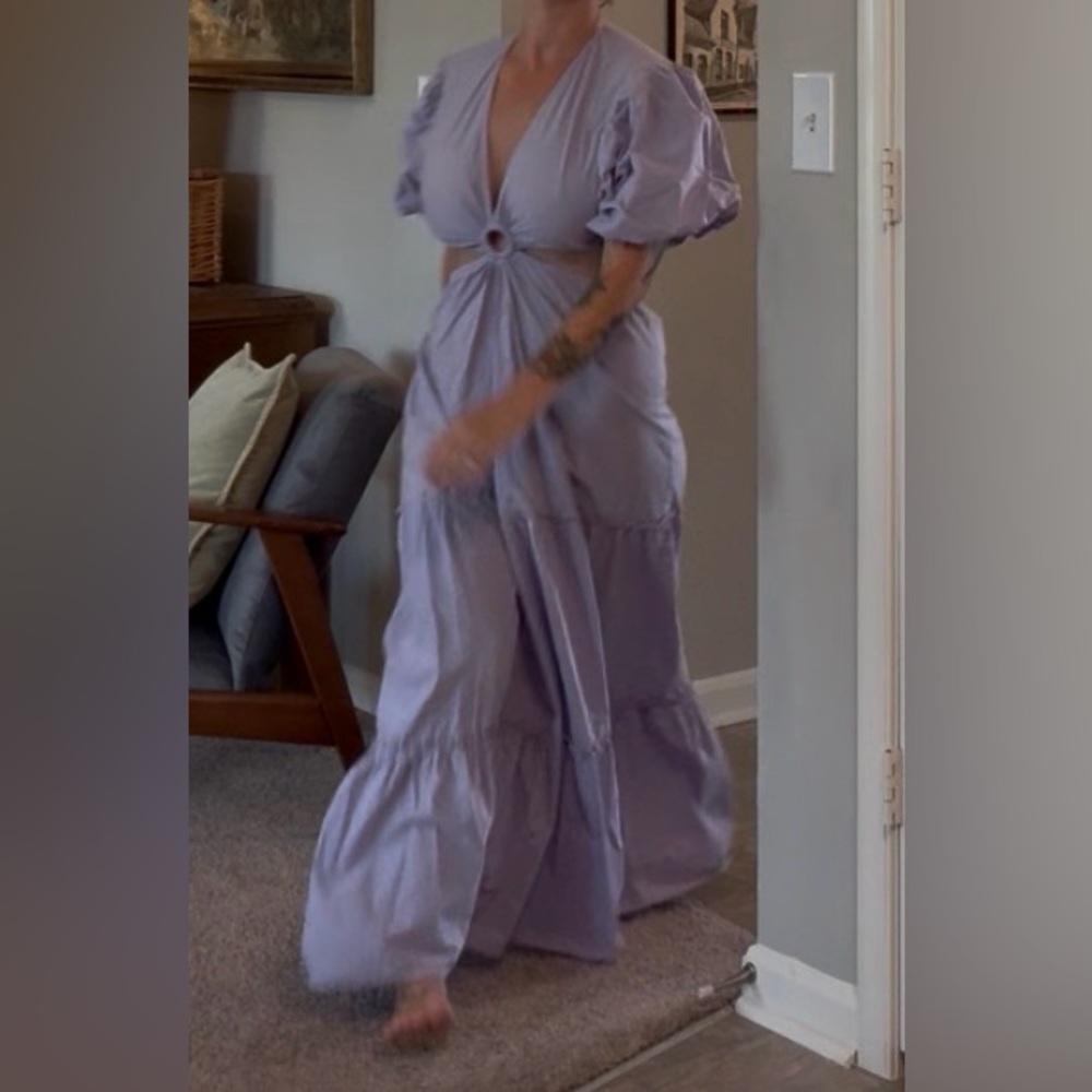 Lavender Tiered Maxi Dress with Front Ring & Puff Sleeves 100% cotton